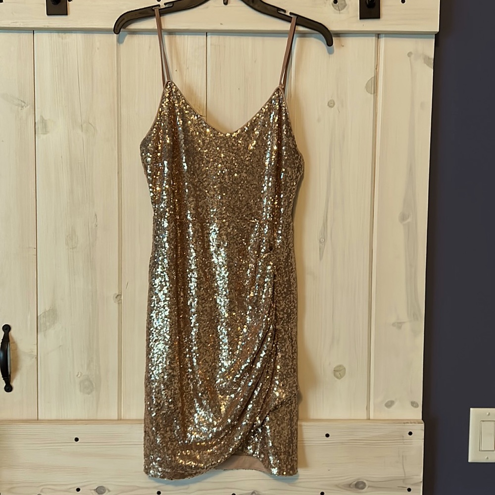 Rose Gold sequined cocktail dress by Lulu's